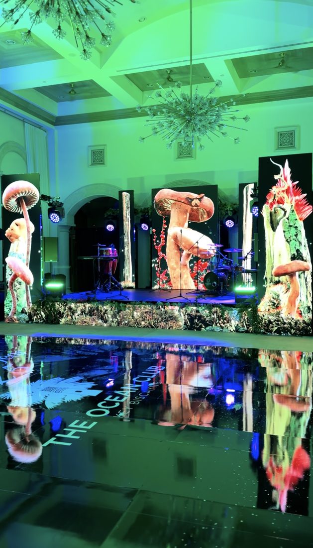 Enchanted forest stage with LED mushroom panels and a mirrored dance floor at The Ocean Club, Key Biscayne