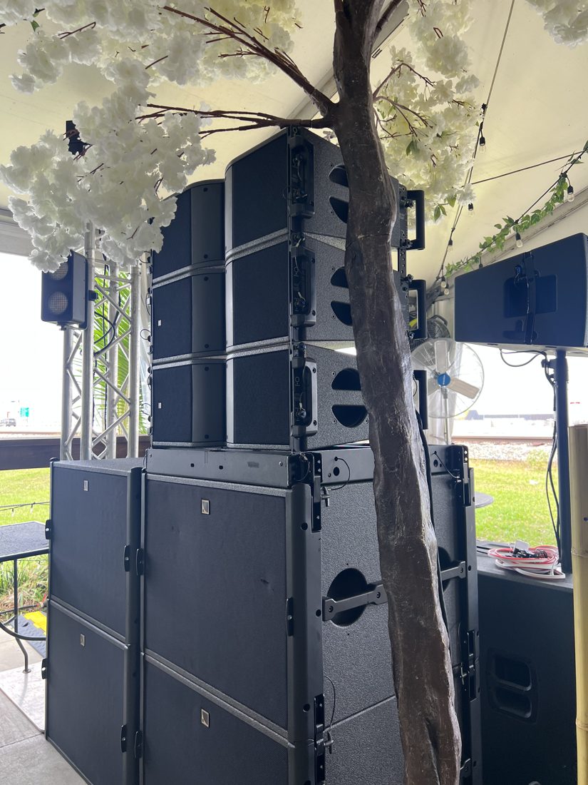 Stacked line array and subwoofer system at an outdoor event